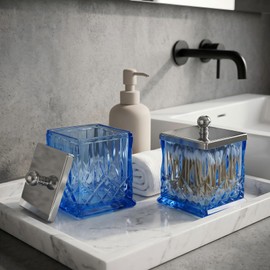 2 Pack 15Oz Blue Q-Tip Holder, Square Thick Glass