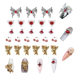 Yudisho 25 Pcs 3D Silver Nail Jewelry Set, Butterfly Heart Planet Cherry Cameo Angel Rhinestone Nail Gemstone, Red Nail Decoration Supplies