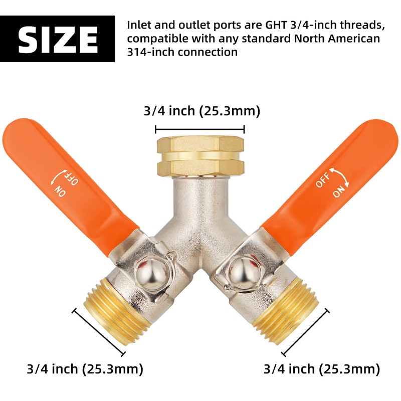 2 Way Hose Splitter, Brass High Flow Garden Hose Splitter