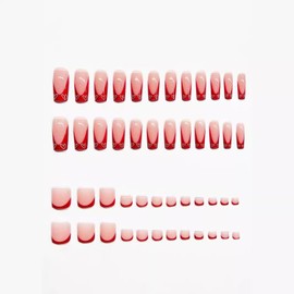 48Pcs Red Press on Nails & Toenails Set Short Fake Toe Nails Medium Press on French Tip Nails Cute Fake Nails with Heart Design Glossy Acrylic Nails Full Cover Stick on Nails for Women Manicure DIY
