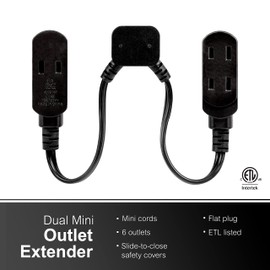 GE 10 inches Twin Extension Cord Power Strip, 6 Total Outlets, 10 inches Cord On Each Side, Power Splitter, 16 Gauge, Indoor Rated, Black, 69864