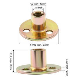 Hordion 12Pcs 3/8"-16 Carbon Steel T Nuts, Round Base Plate Nut, Furniture Hardware Flange Insert Female Thread