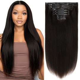 Caliee Yaki Straight Seamless Clip in Hair Extensions Human Hair 14Inch Color 1 Natual Black Hair Extensions Real Human Hair for Women Yaki Straight Hair 115G 8PCS