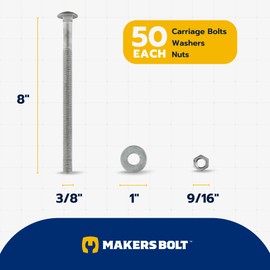 3/8" x 8" (50 Pack) Galvanized Carriage Bolt Kit, Grade 307A, Hot Dip Galvanized for Exterior Use by Makers Bolt
