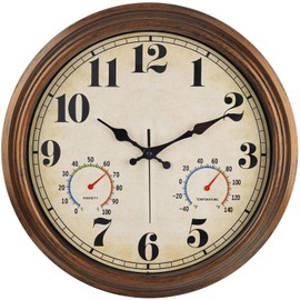 45MinST 16 Inch Bronze Vintage Large Indoor/Outdoor Waterproof Wall Clock with Thermometer & Hygrometer, Silent Non-Ticking Quartz Timepiece for Home, Porch, Garden,Pool