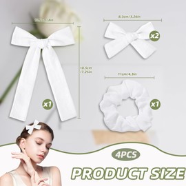 Cotton Linen Hair Bows, 3 Styles White 4" & 3" Hair Bow and 4" Scrunchie Set, Handmade Ponytail Knot Hair Clips Accessories for Little Girl Bows Long, Straight, Thick and Curly Hair (Pack of 4)