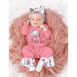 AGAPENG Baby Girl Clothes Preemie Clothes Girl hi I'm new here Elephant Pattern Ruffle Romper Onesie Flare Bell Bottom Jumpsuit with Headband Hat Pink 3Pcs Outfits Set