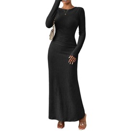 MITILLY Fall Dress for Women 2024 Long Sleeve Maxi Dress Formal Crew Neck Bodycon Ruched Textured Slim Cocktail Party Dress Large Black