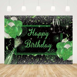AIBIIN 7x5ft Happy Birthday Backdrop for Women Men Champagne Balloons Glitter Green Birthday Photography Background Green Birthday Banner Party Supplies Props