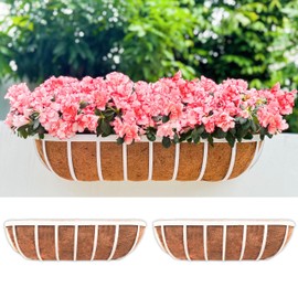 LaLaGreen Window Planter Box (2 Pack, 24 Inch) White Metal Deck Railing Flower Boxes with Coco Liners, Rectangular Wall Planters for Outdoor Plants Horse Troughs Fence Balcony Garden Herb Patio Porch