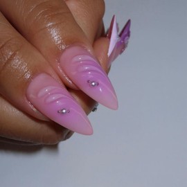 Almond Press on Nails Medium Fake Nails Ombre French Acrylic Nails Press on Floral False Nails Purple Artificial Nails with Flowers Designs Stick on Nails for Women 24pcs