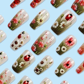 MIXFOSAHN Flower Press on Nails Medium Coffin Fake Nails Red Nude False Nails with Ladybug Foral Designs Glossy Full Cover Stick on Nails Glue on Nails Spring Acrylic Nails for Women Girls 24 Pcs