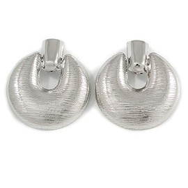 Large Round Textured Clip On Earrings/Silver Tone/60mm L