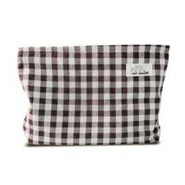 HAPPYHEIDI Brown Gingham Cotton Makeup Bag Cosmetic Travel Pouch Purse Organizer, Zipper Closure, Canvas Lined, Vintage Coffee Brown