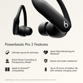 Beats Powerbeats Pro 2 - Wireless Noise Cancelling Workout Earbuds with Secure- Fit Earhooks, Up to 45-Hour Battery with Charging Case, Sweat & Water Resistant, Heart Rate Monitoring - Jet Blac