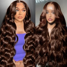 KAITHLYPO Chocolate Brown Human Hair Wig Pre Plucked 34 Inch 13x6 HD Colored Frontal Wigs 200 Density Brown Glueless Wig Body Wave Human Hair Wigs for Women