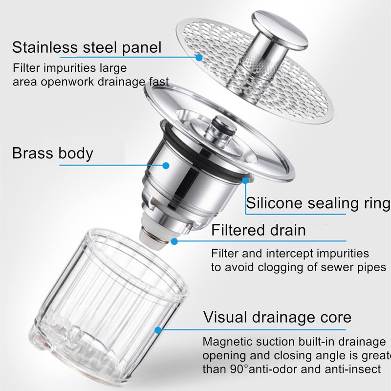 Bathroom Sink Plug with Hair Strainer, Universal Pop Up Drain