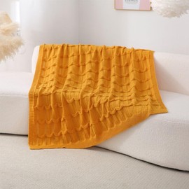 Wajade Knit Throw Lightweight Knitted Blanket for Sofa & Bed Breathable Non-Fluffy Knit Design with Ripple Texture All Seasons Home Decor(Yellow 130 * 170)