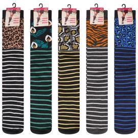 Soxy Ladies Design Wellington Boot Socks - 5 Pack - Women's Welly Socks - Festival Walking Hiking Thermal Socks - Animal Skin Stripe Designs - UK Shoe Size 4-6