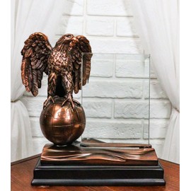 American Bald Eagle On Atlas Globe Bronze Figurine With 4"X6" Beveled Glass