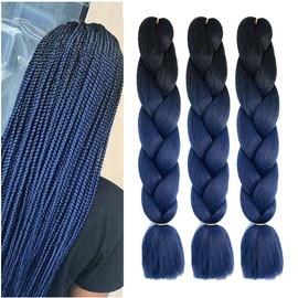 Braiding Hair Ombre Black to Dark Blue Braid Hair Extensions Hot Water Setting High Temperature Synthetic Fiber 24 Inches(B20-3Pack)