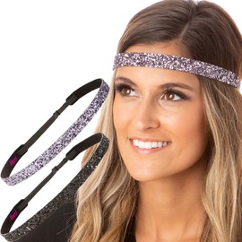 Hipsy Petite Size, Adjustable No Slip Sparkly Bling Glitter Skinny 2pk Headbands for Women Girls & Teens (Skinny Black & Gunmetal)