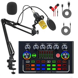 F009 Professional Wireless Live Audio Card Device, Bluetooth-compatible DJ Sound Control Audio Mixer with RGB Buttons, Microphone Equipment Suitable for Music Singing, Sound Mixer, Sound Card - Color: With gold microphone set, Specification: 1pc