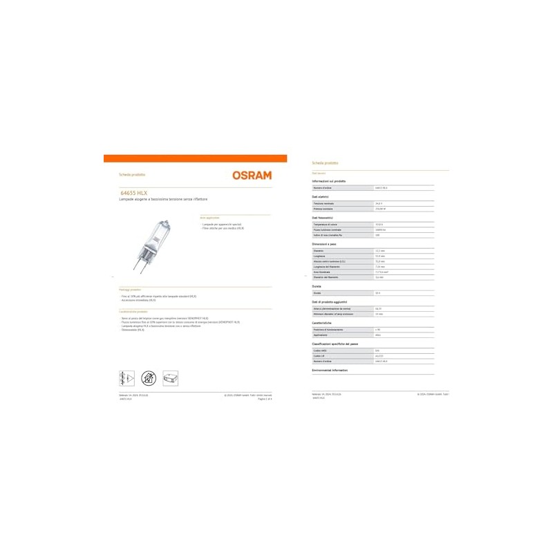 A1/223 24volt 250watt Osram 64655 Halogen Projector Bulb