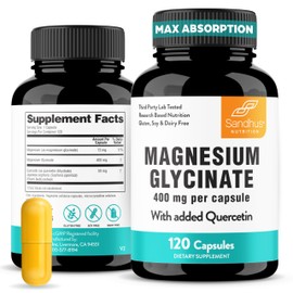 Sandhu's Magnesium Glycinate 400mg Capsules with Quercetin | Quality Sleep, Relaxation, Muscle, Bone Health & Immune Support | 120 Count (Pack of 1) | Easy to Swallow | for Women and Men