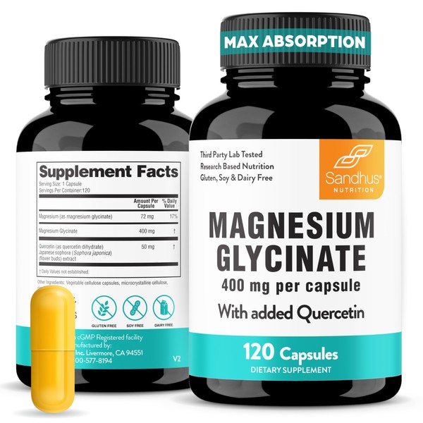 Sandhu's Magnesium Glycinate 400mg Capsules with Quercetin | Quality Sleep,