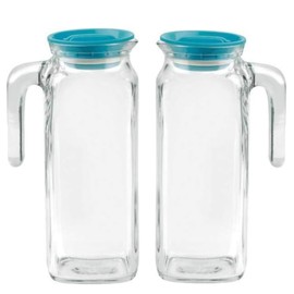 Bormioli Rocco Frigoverre Set Of 2 Glass Jugs With Teal Airtight Lid, 33.75 Oz., Pitcher With Hermetic Sealing, Easy Pour Spout Handle For Water, Juice & Iced Tea, Made In Italy.