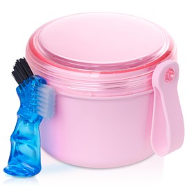 Heigoeost Denture Case, Leak Proof Denture Bath Cup for Travel, Denture Container Cups for Soaking Full & Partial Dentures, Retainers, Denture Cleaning Kit Holder Box with Denture Cleaner Brush-Pink