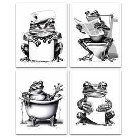ZOIYINO Frog Bathroom Decor Wall Art,Frog Wall Art Funny Bathroom Signs Animal Canvas Art,Frogs on Toilet Reading Newspaper Canvas Painting for Home Farmhouse Decor Set of 4(8"x10"Unframed)