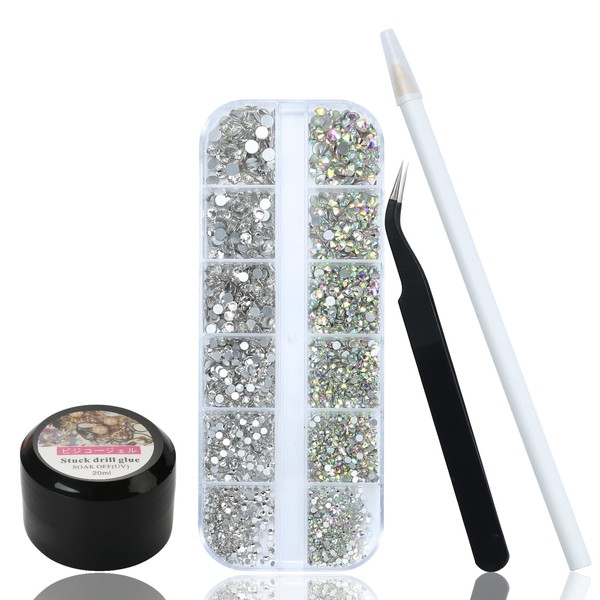 Pack of 2570 Nail Stones Gel Nails Silver and AB - Stones for Nails in 6 Sizes - Nails Glitter Stones with 20 ml Gel Nails and Nail Art Rhinestones Pickers and Tweezers (Silver + AB)