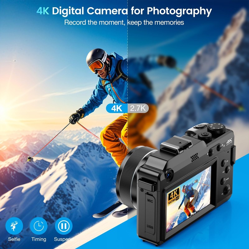 4KCamera - 48MP WiFi Digital Camera with 3.0 Screen, Compact