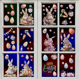Oeyliz Easter Window Stickers Rabbit Carrot Double-Side Glass Decals 80Pcs Happy Easter Home Office School Shop Display Party Decorations