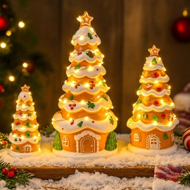 Roowest 3pcs Gingerbread House Decor with Tree Theme Gingerbread Village House with LED Light 8, 6, 4inch Christmas Tree Decor Tabletop Figure for Indoor Festive Holiday or Party