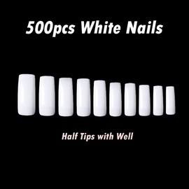 500pcs White Half Nail Tips Set with Nail Glue, Beauties Factory Nail Tips Half Cover 10 Sizes Size 0-9 for Nail Salons DIY Extensions Design Manicure Kit