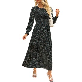 Annebouti Womens 2024 Fall Long Sleeve Maxi Dress Trendy A Line Boho Tiered Floral Casual Smocked Ladies Modest Wedding Guest Vacation Long Dresses for Women Floral Black-2 XL