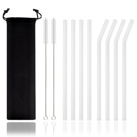 JASHII Reusable Glass Straws, 7.87"×0.3" Clear Smoothie Drinking Straws with Clean Brush, Black Travel Case for Beverages, Shakes, Milk Tea, Juices, Cocktail, 4 bent, 4 straight - White