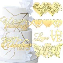 AiQi Bakes - Decoración para tartas de feliz día de San Valentín, 14 piezas de acrílico con espejo dorado para decoración de fiesta