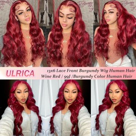 ULRICA Burgundy Wig Human Hair 99j Burgundy Lace Front Wigs Human Hair Pre Plucked 13x6 HD Transparent Lace Frontal Body Wave Wigs for Black Women 26 Inch 250 Density Natural Hairline