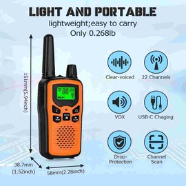 Walkie Talkies 2 Pack Walkie talkies with Rechargegable for Adults, 22 Channel FRS 2-Way Radios Walky Talky with LED Flashlight for Climbing, Camping Trip and Family Emergency Kit(2 Pack Orange).