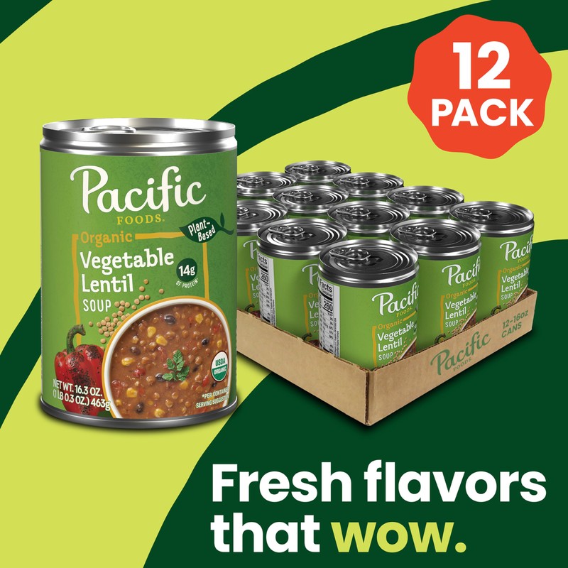 Pacific Foods Organic Vegetable Lentil Soup, Plant Based, 16.3 oz
