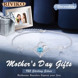 RIVIKO Love Heart Charm Bracelet For Women 925 Sterling Silver With Zirconia Birthstone Bracelets Adjustable Link for Mother Wife Girls Sister Birthday Christmas Mother's Day Jewelry Gift, Sterling