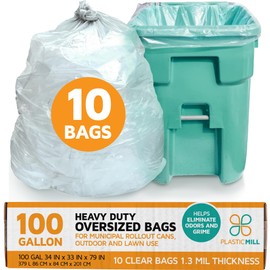 PlasticMill Heavy Duty Trash Bags - Clear Garbage Bags - Plastic Trash Bags for Large Rolling Trash Bins - Tall Trash Bags - 100-Gallon Large Kitchen Trash Bags, 1.3 Mil, 67"x79" (10-Count)