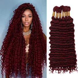 99j Burgundy Human Braiding Hair for Boho Braids,150g 24 inch 6 Bundles Burgundy Deep water Wave Bulk Boho Curly Human Hair for Braiding,Wine red No Weft Wet and Wavy Braiding Hair Extensions