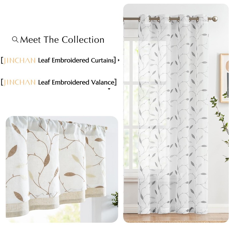 jinchan White Sheer Valance for Window Gray Leaf Embroidered Valance