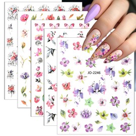8 Sheets Flower Nail Art Stickers 3D Self-Adhesive Nail Supplies Supply Red Pink Purple Flower Designer Nail Decals for Women DIY Nails Designs Decoration