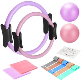 TOPZGLEEY Pilates Ring and Ball Set with Resistance Bands - Pilates Equipment for Home Workout - 14'' & 12'' Pilates Rings, 2 Pilates Balls, 5 Resistance Bands,Guide (Purple &Pink)